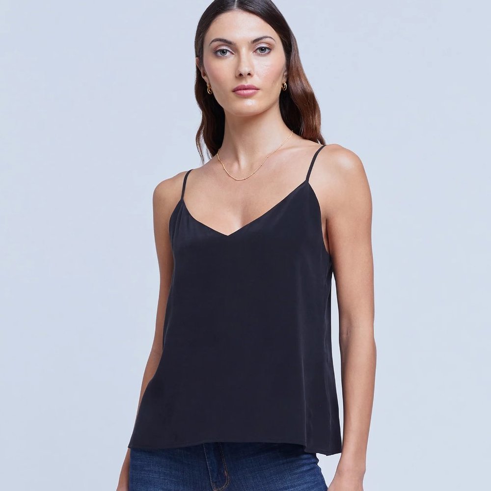 L'Agence Jane V-Neck Spaghetti-Strap Silk Tank - Black